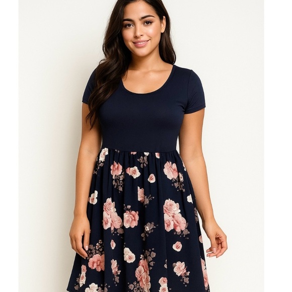 Modcloth Dresses & Skirts - Modcloth Womens Navy Floral Pink Roses Dress Size Large Fit Flare